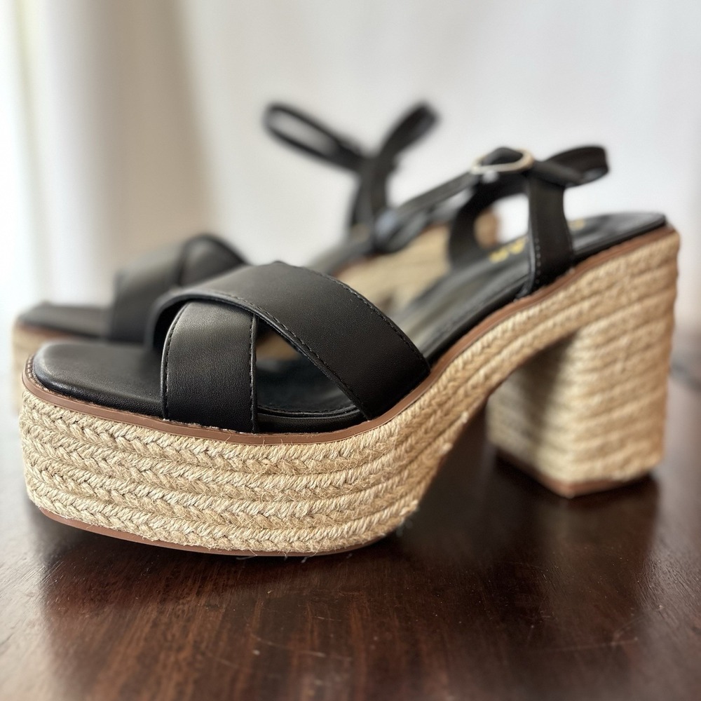 Liliana Womens 10 Black Chunky Platform Sandals Espadrille Block Heel Strappy